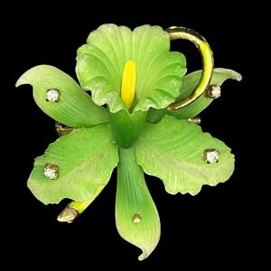 Vintage West Germany‎ Large Lucite Orchid Flower Brooch Lime Green Rhinestones